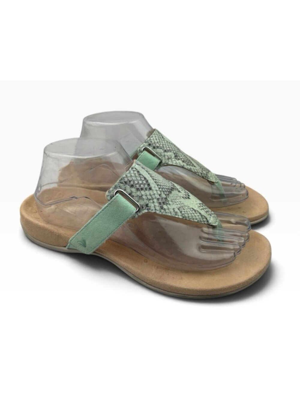 -Vionic Wanda Sandals Womens 8W Mint Green Snakeskin Print T-Strap Thong Beach